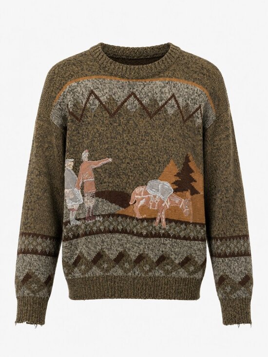 Vintage Other - Jinya Vintage Novelty Landscape Knit Sweater Eclectic Grandpa Olive L XL